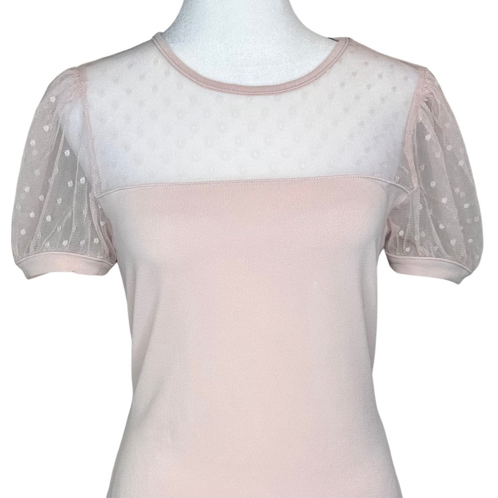 Express Pink Mesh Yoke Dot Sleeve Short Sleeve Top - Picture 2 of 12